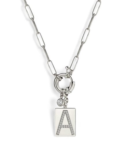 Pave Initial Pendant Necklace with Paperclip Chain