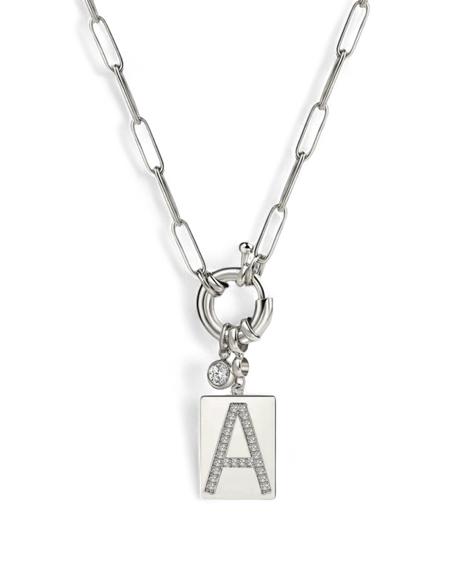 Pave Initial Pendant Necklace with Paperclip Chain