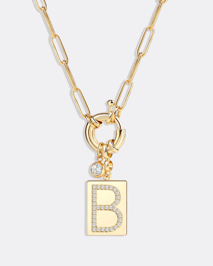 Pave Initial Pendant Necklace with Paperclip Chain