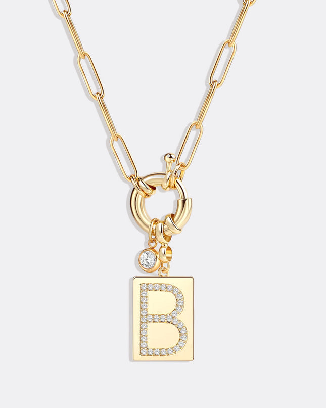 Pave Initial Pendant Necklace with Paperclip Chain
