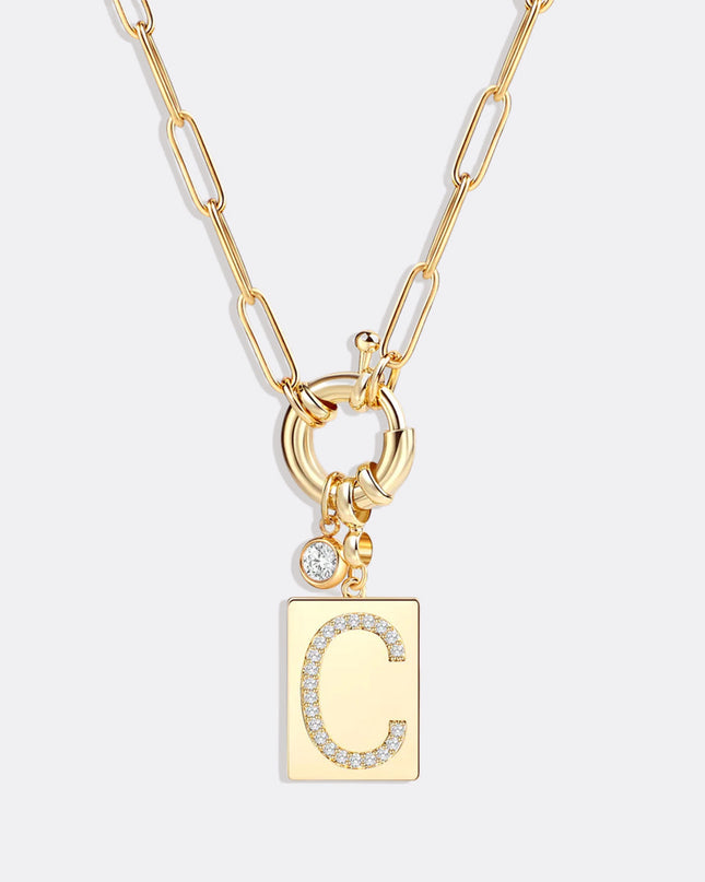 Pave Initial Pendant Necklace with Paperclip Chain