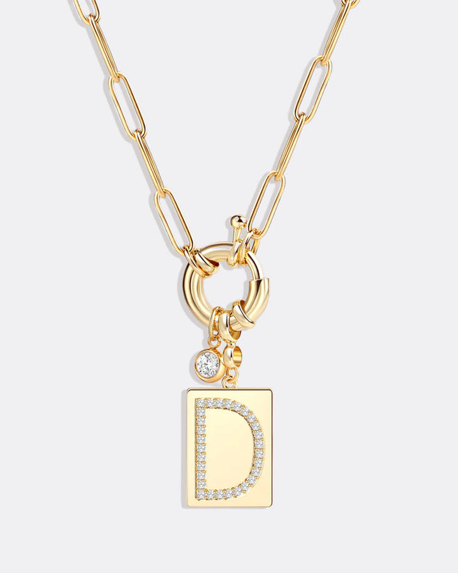Pave Initial Pendant Necklace with Paperclip Chain