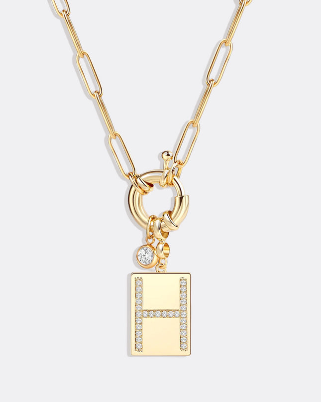 Pave Initial Pendant Necklace with Paperclip Chain