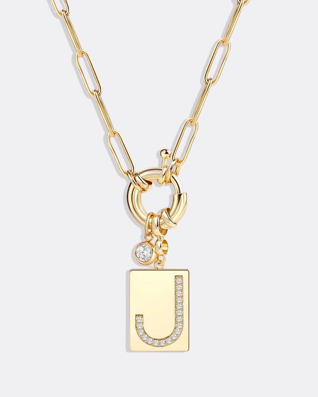 Pave Initial Pendant Necklace with Paperclip Chain