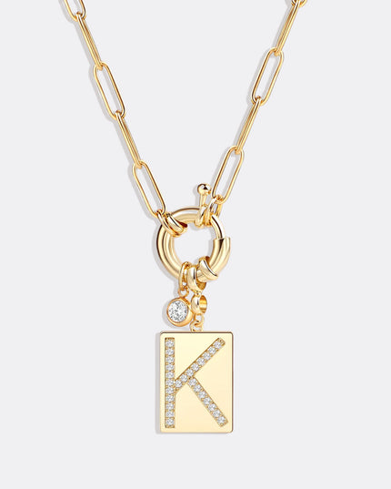 Pave Initial Pendant Necklace with Paperclip Chain