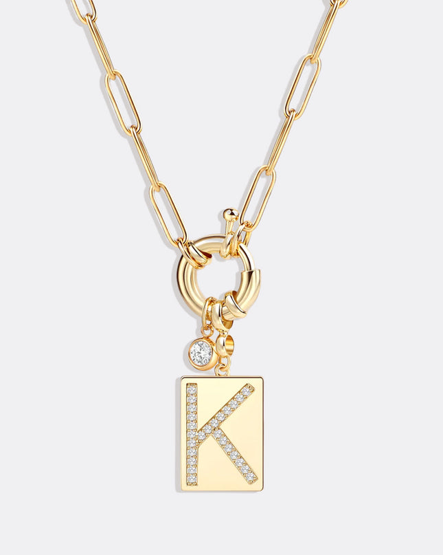 Pave Initial Pendant Necklace with Paperclip Chain