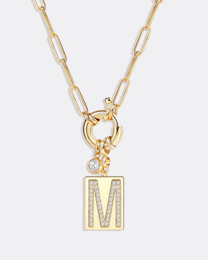 Pave Initial Pendant Necklace with Paperclip Chain
