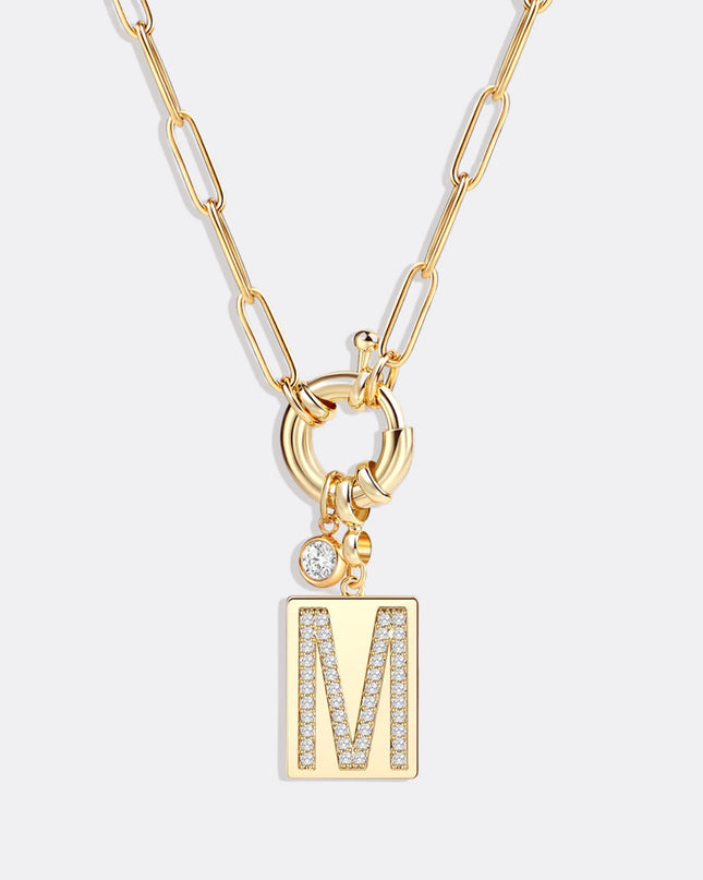 Pave Initial Pendant Necklace with Paperclip Chain