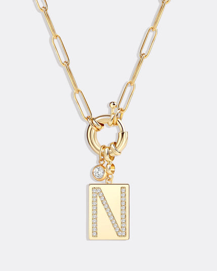 Pave Initial Pendant Necklace with Paperclip Chain