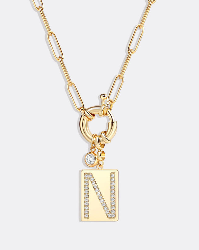 Pave Initial Pendant Necklace with Paperclip Chain