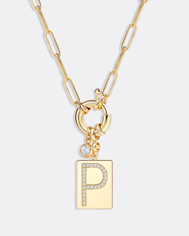Pave Initial Pendant Necklace with Paperclip Chain