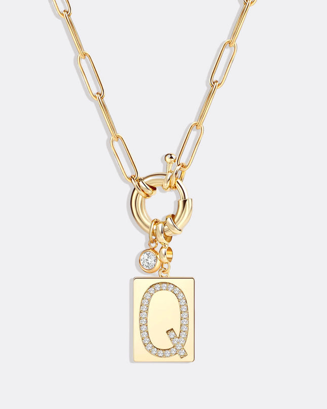 Pave Initial Pendant Necklace with Paperclip Chain