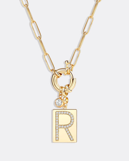 Pave Initial Pendant Necklace with Paperclip Chain