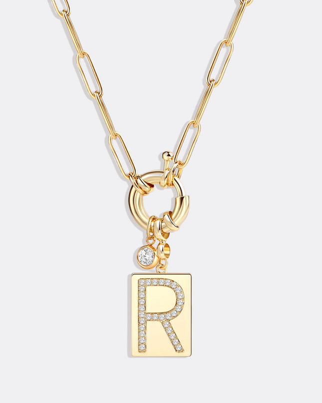 Pave Initial Pendant Necklace with Paperclip Chain