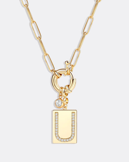 Pave Initial Pendant Necklace with Paperclip Chain