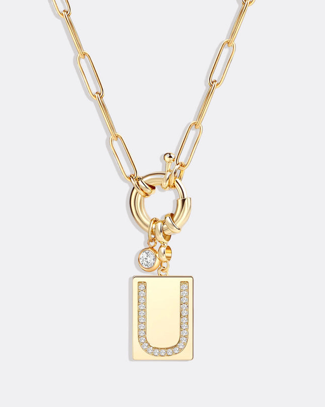 Pave Initial Pendant Necklace with Paperclip Chain
