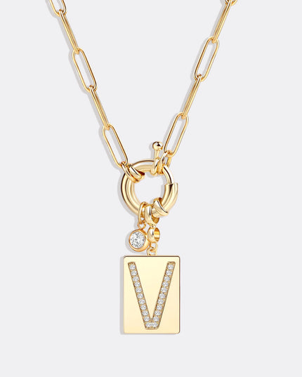 Pave Initial Pendant Necklace with Paperclip Chain