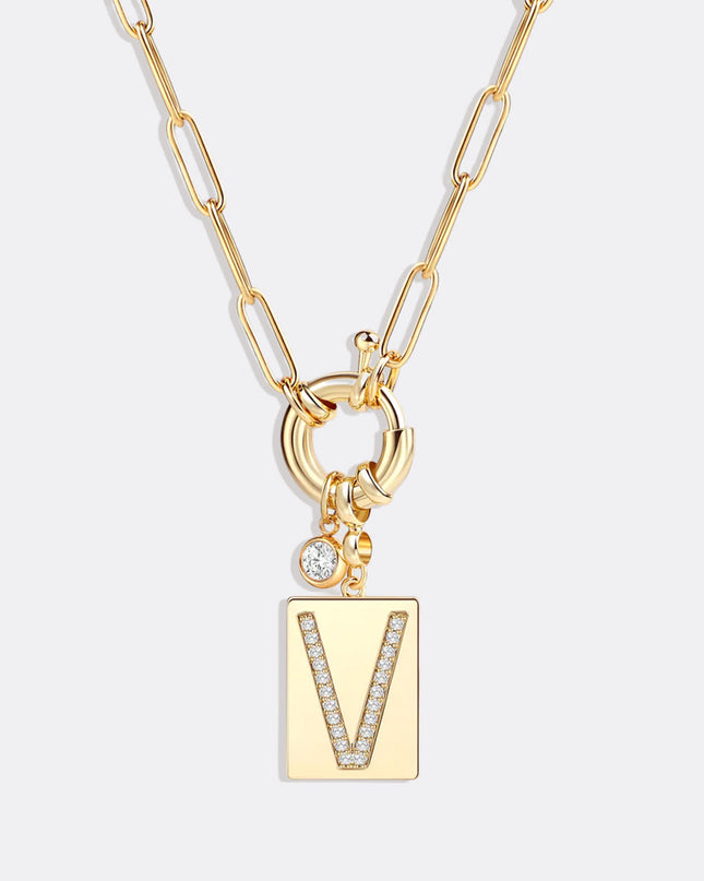 Pave Initial Pendant Necklace with Paperclip Chain