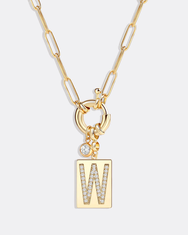Pave Initial Pendant Necklace with Paperclip Chain