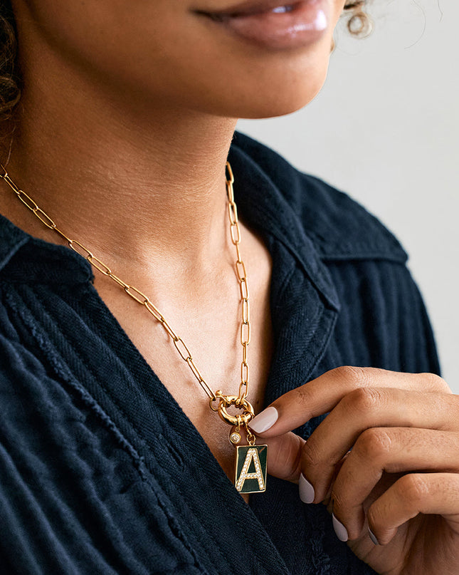 Pave Initial Pendant Necklace with Paperclip Chain