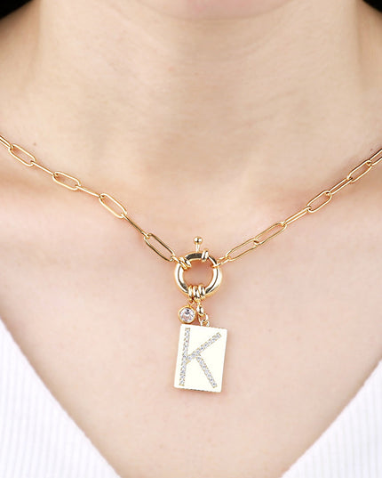 Pave Initial Pendant Necklace with Paperclip Chain