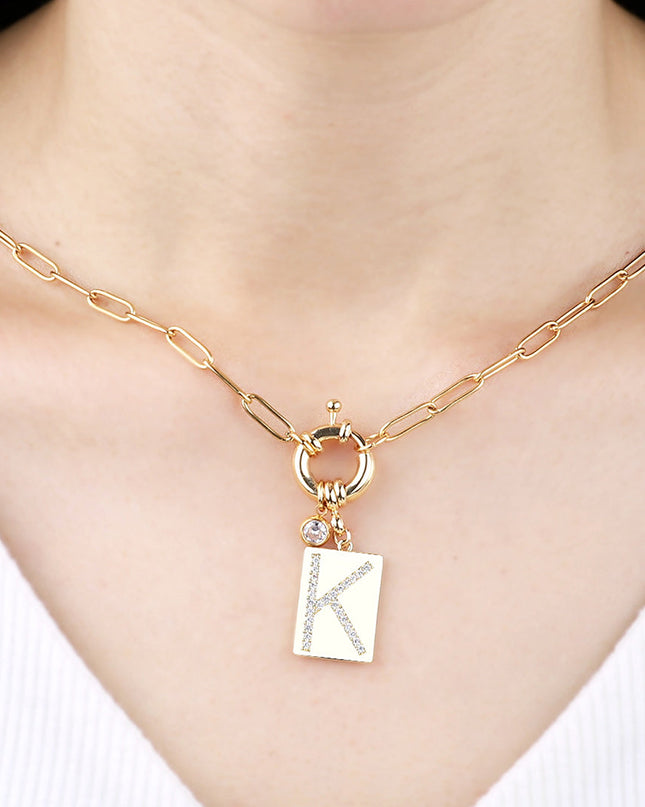Pave Initial Pendant Necklace with Paperclip Chain