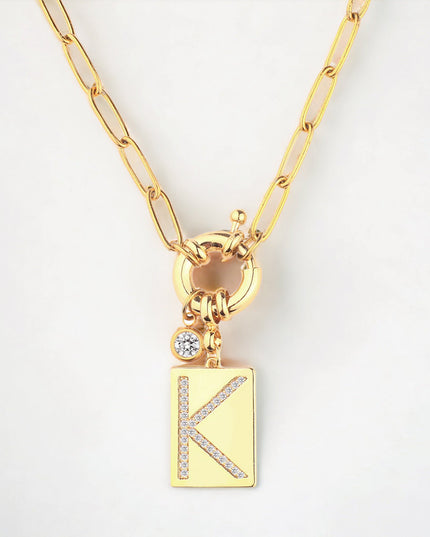 Pave Initial Pendant Necklace with Paperclip Chain