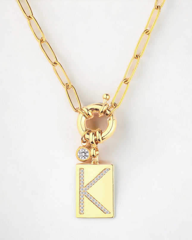 Pave Initial Pendant Necklace with Paperclip Chain