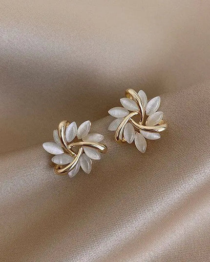 Gold-Leaf White Opal Stud Earrings - Timeless Elegance