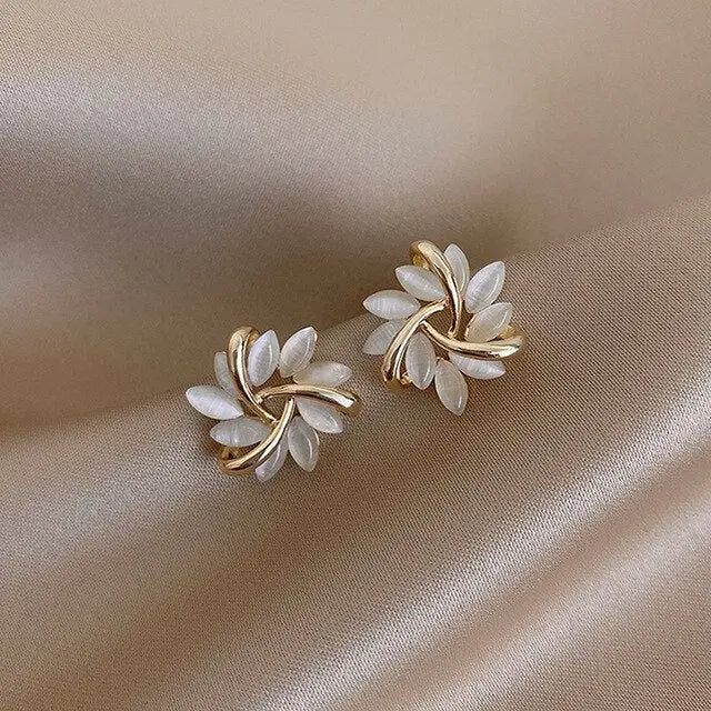Gold-Leaf White Opal Stud Earrings - Timeless Elegance