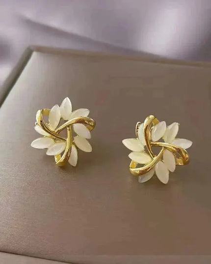 Gold-Leaf White Opal Stud Earrings - Timeless Elegance