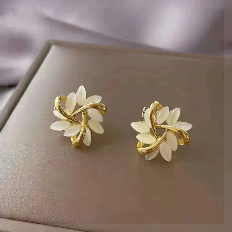 Gold-Leaf White Opal Stud Earrings - Timeless Elegance