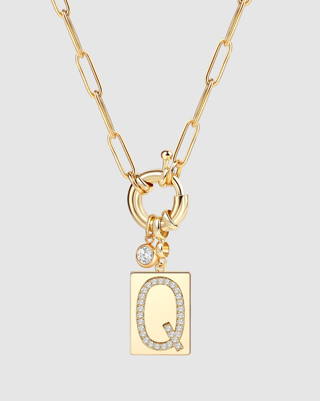 Pave Initial Pendant Necklace with Paperclip Chain
