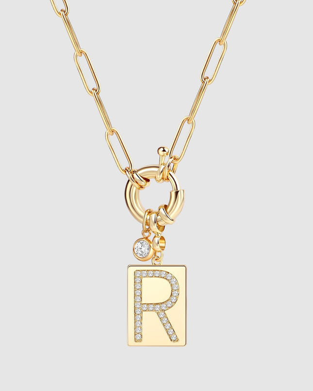 Pave Initial Pendant Necklace with Paperclip Chain