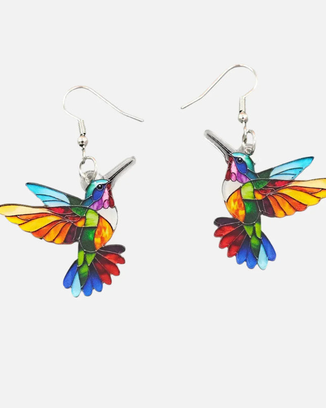 Vibrant Acrylic Hummingbird Dangle Earrings – Bright 2D Bird Design