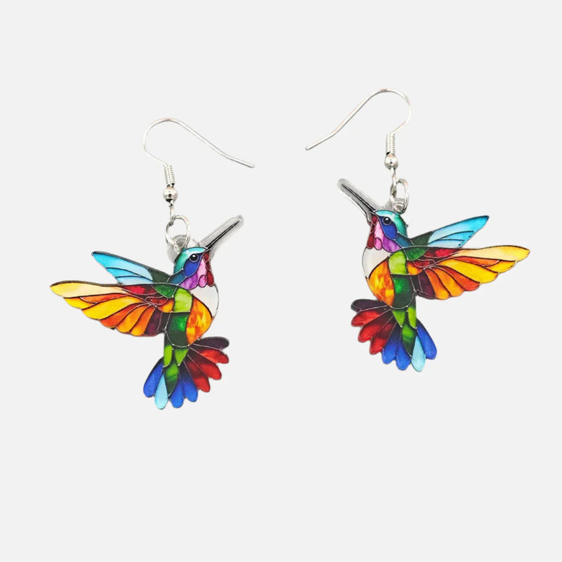 Vibrant Acrylic Hummingbird Dangle Earrings – Bright 2D Bird Design