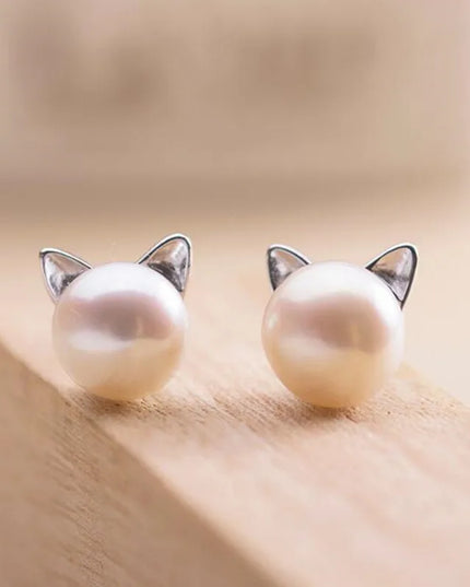 Delicate Sterling Silver Cat-Themed Pearl Stud Earrings — jewelry gift detail view 4 | Dear Given