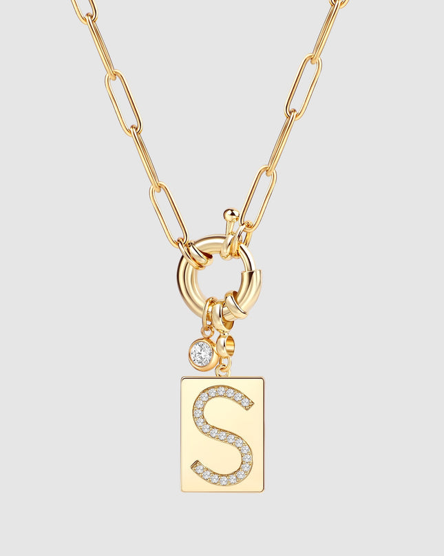 Pave Initial Pendant Necklace with Paperclip Chain