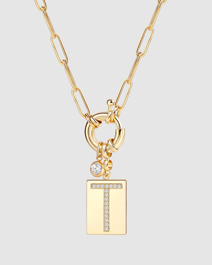 Pave Initial Pendant Necklace with Paperclip Chain