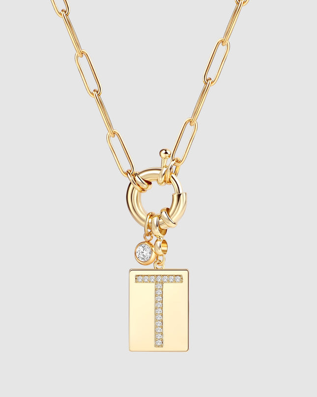Pave Initial Pendant Necklace with Paperclip Chain