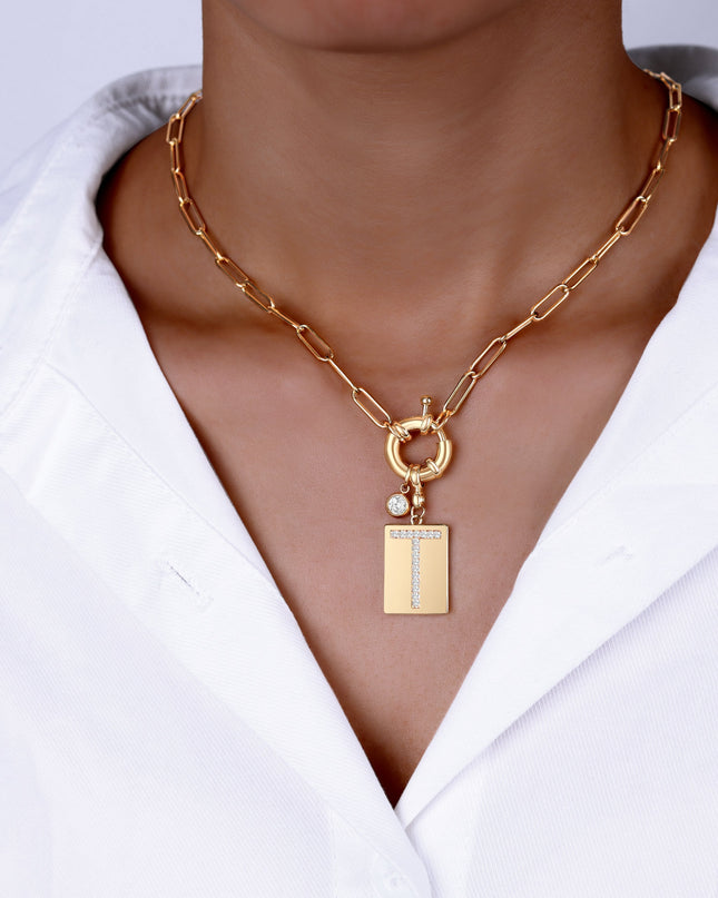 Pave Initial Pendant Necklace with Paperclip Chain
