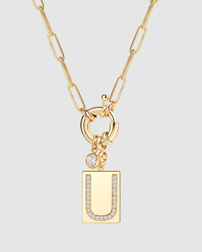 Pave Initial Pendant Necklace with Paperclip Chain