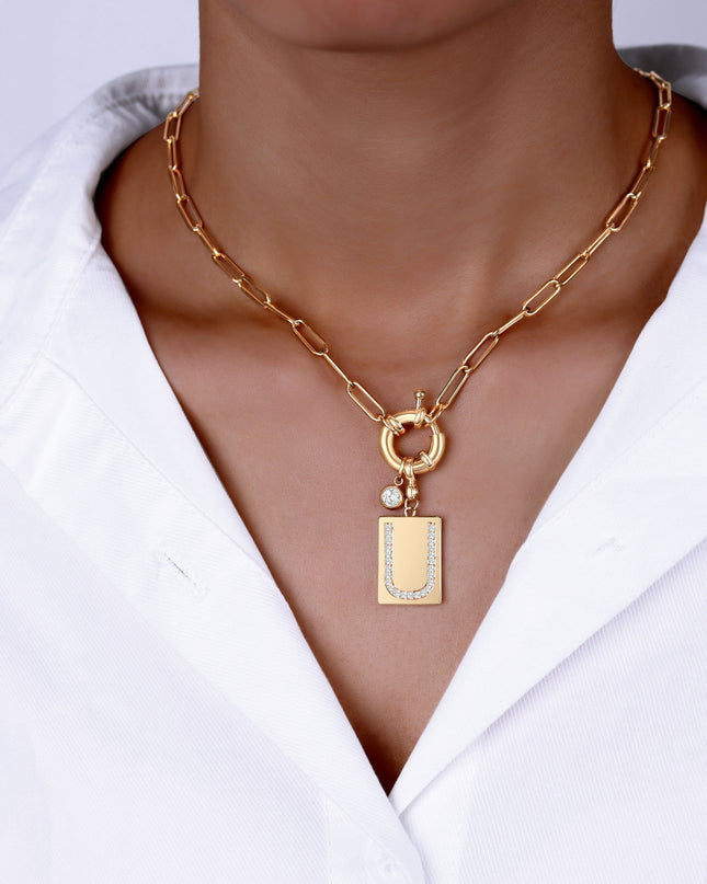 Pave Initial Pendant Necklace with Paperclip Chain
