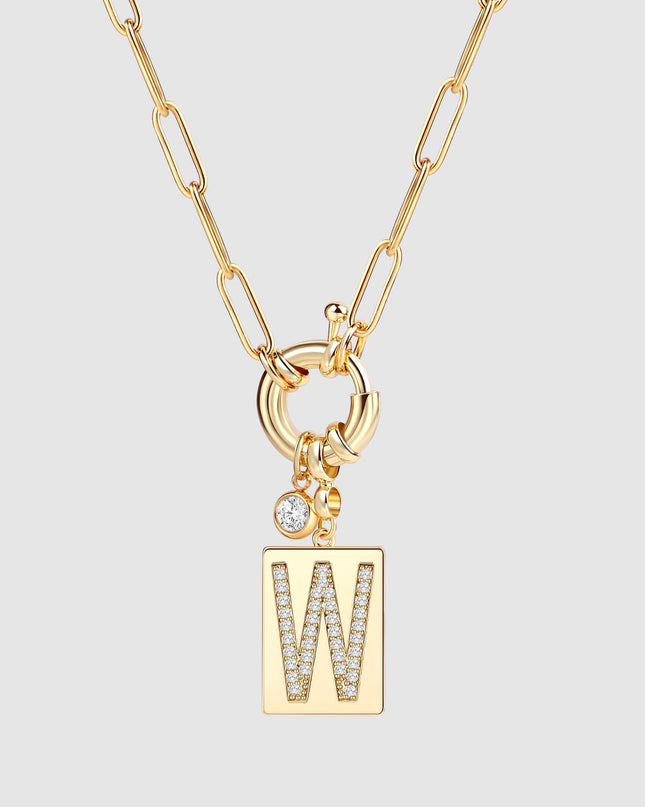 Pave Initial Pendant Necklace with Paperclip Chain