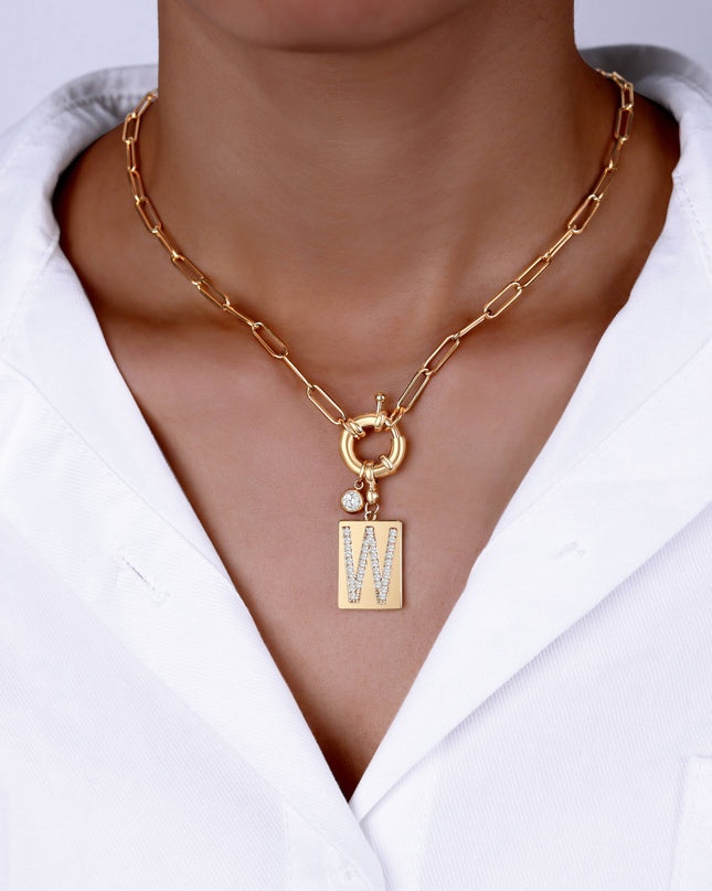 Pave Initial Pendant Necklace with Paperclip Chain