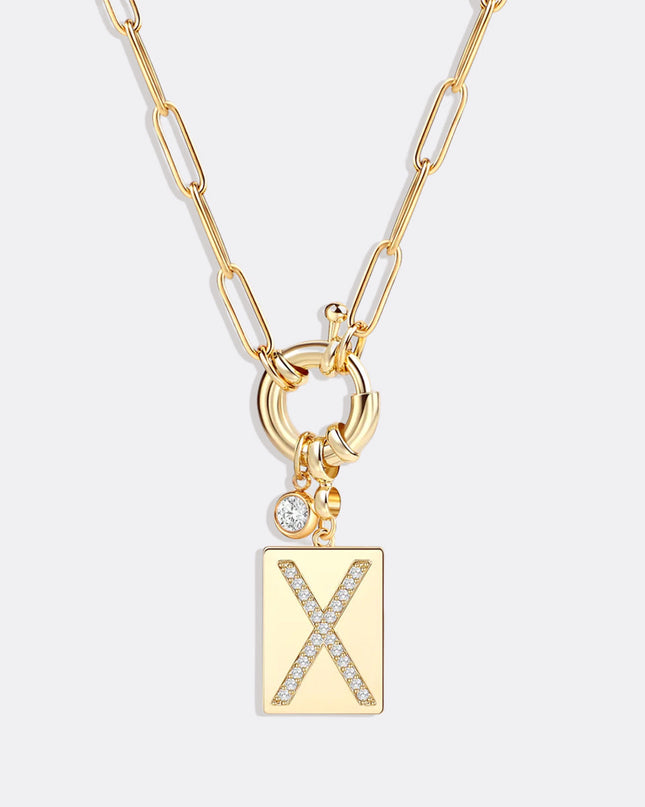Pave Initial Pendant Necklace with Paperclip Chain