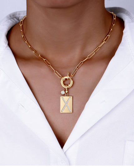 Pave Initial Pendant Necklace with Paperclip Chain