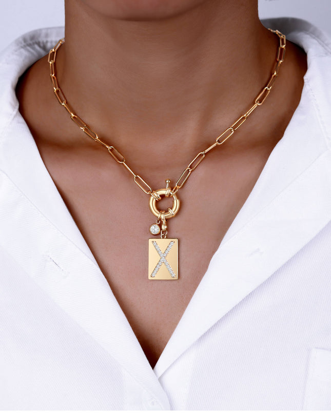 Pave Initial Pendant Necklace with Paperclip Chain