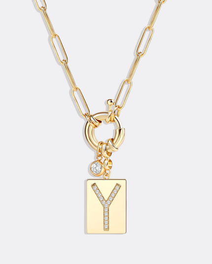 Pave Initial Pendant Necklace with Paperclip Chain