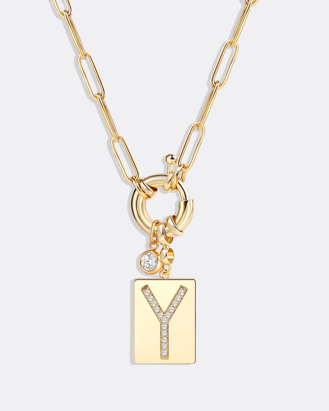 Pave Initial Pendant Necklace with Paperclip Chain